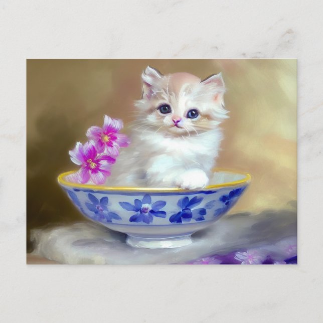 Postal Ilustracion de gatito blanco vintage (Anverso)