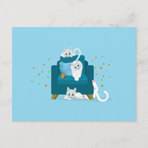 Postal Ilustración de gato - 3 gatos blancos haciendo tra