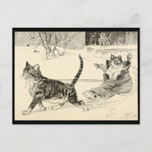 Postal Ilustracion de gato antiguo 1883, paseo divertido