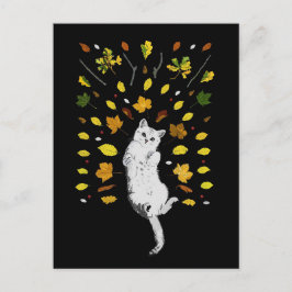 Postal Ilustracion de gato blanco con hojas caídas