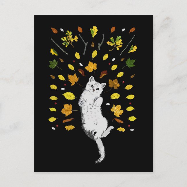 Postal Ilustracion de gato blanco con hojas caídas (Anverso)