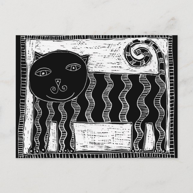 Postal Ilustración de gato blanco y negro a rayas (Anverso)