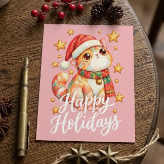 Postal Ilustración de gato de Navidad adorable con encant