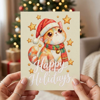 Postal Ilustración de gato de Navidad adorable con encant