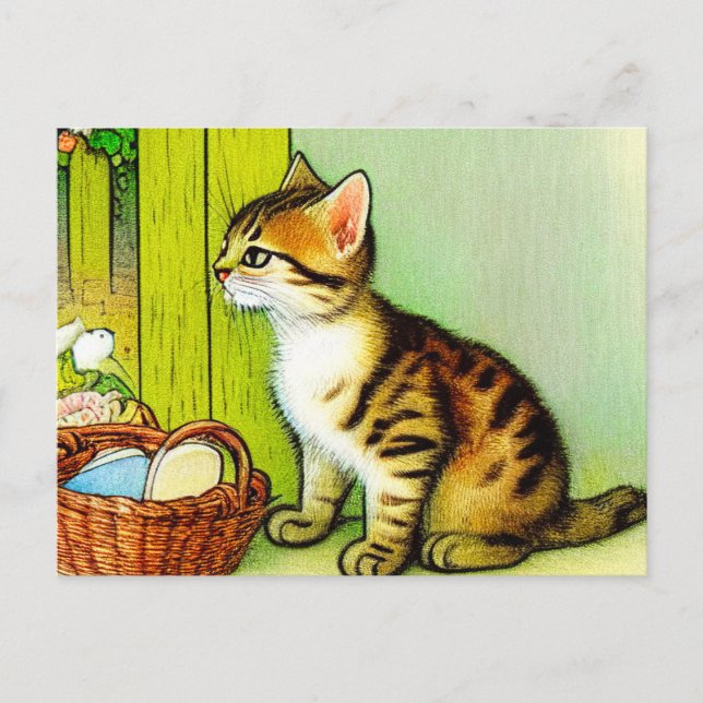 Postal Ilustracion de gato de tabby de época (Anverso)