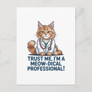 Postal Ilustración de gato divertido y médico con juego d