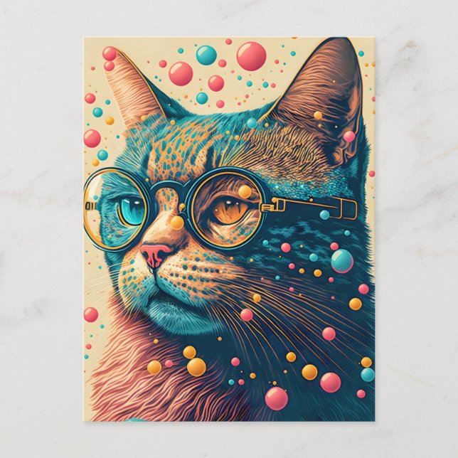 Postal Ilustracion de gato gatito colorido (Anverso)