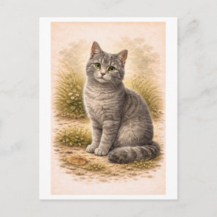 Postal Ilustración de gato gris estilo vintage