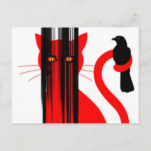 Postal Ilustracion de gato rojo y pájaro negro