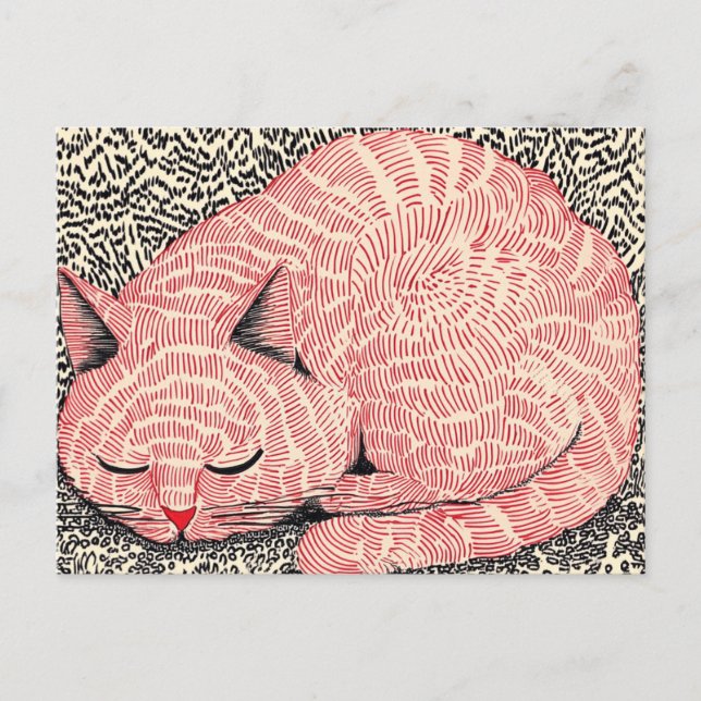 Postal Ilustración de gato rosa durmiendo - Tinta surreal (Anverso)