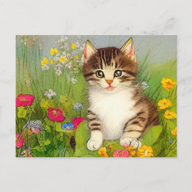 Postal Ilustracion de gato sonriente vintage (Anverso)