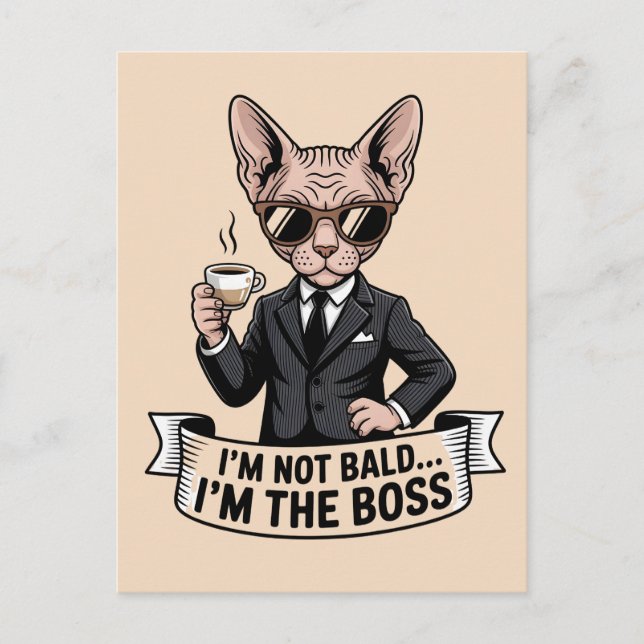 Postal Ilustración de gato Sphynx jefe con café (Anverso)