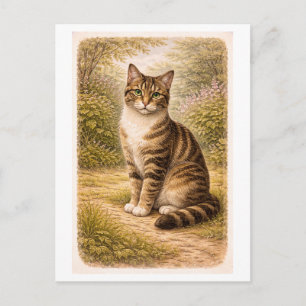 Postal Ilustración de gato tabby al estilo vintage