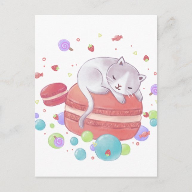 Postal Ilustracion de gatos y dulces (Anverso)