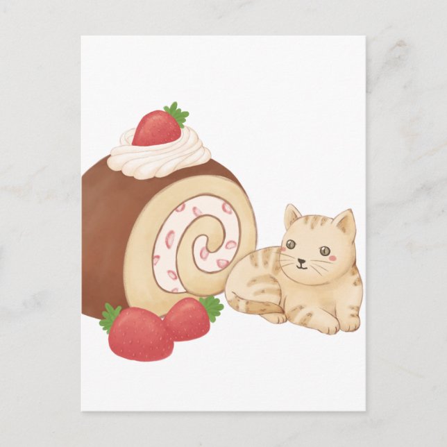 Postal Ilustracion de gatos y postres deliciosos (Anverso)
