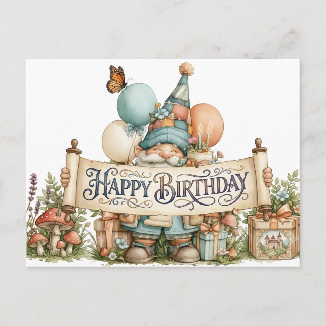 Postal Ilustración de gnomo de cumpleaños con globos (Anverso)