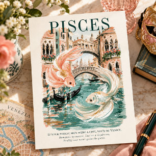 Postal Ilustración de Gouache de Piscis Zodiaco Venecia