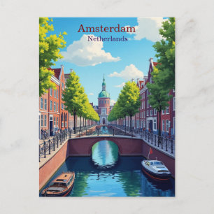 Postal Ilustración de Gouache de Viaje Amsterdam Países B