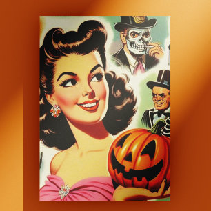 Postal Ilustracion de Halloween Chica de época