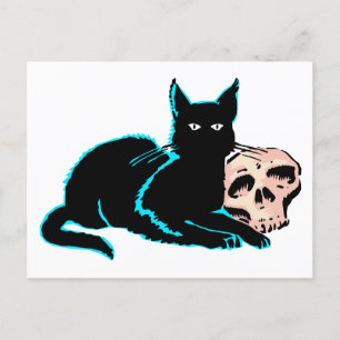 Postal Ilustracion de Halloween con gatos y cráneo
