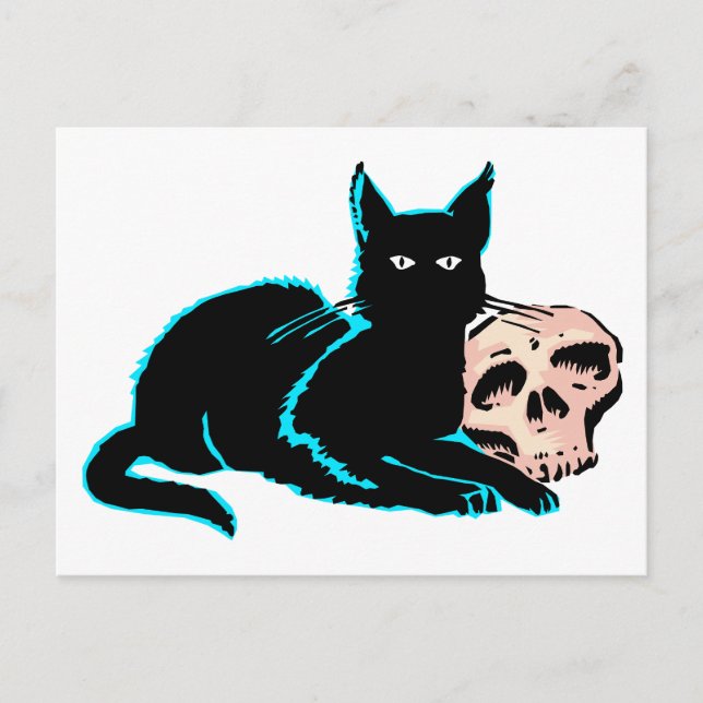 Postal Ilustracion de Halloween con gatos y cráneo (Anverso)