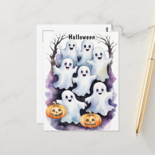 Postal Ilustración de Halloween de fantasmas lindos con c
