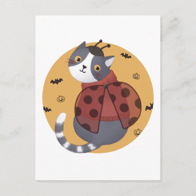 Postal Ilustracion de Halloween: Gato de Bicho Ladybug (Anverso)
