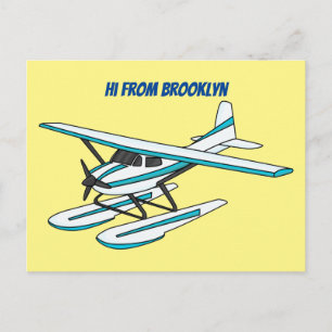 Postal Ilustracion de hidroavión azul blanco