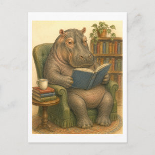 Postal Ilustración de hipopótamo leyendo un libro
