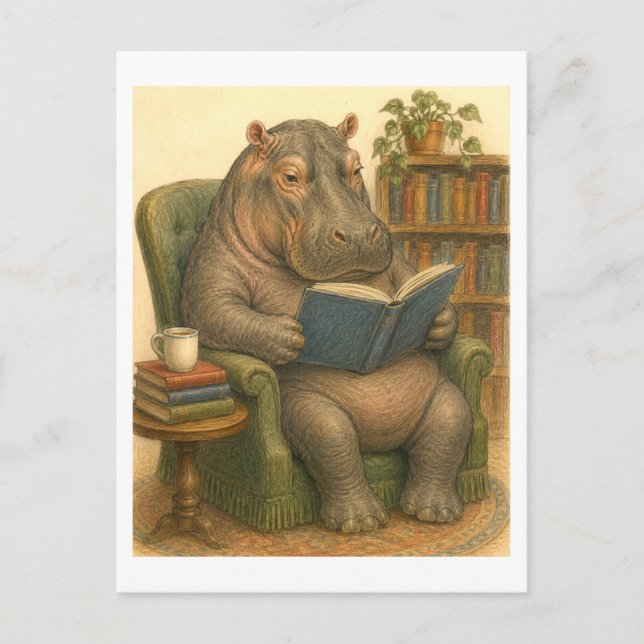 Postal Ilustración de hipopótamo leyendo un libro (Anverso)