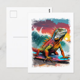 Postal Ilustracion de historietas colorido de Iguana Surf