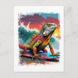 Postal Ilustracion de historietas colorido de Iguana Surf