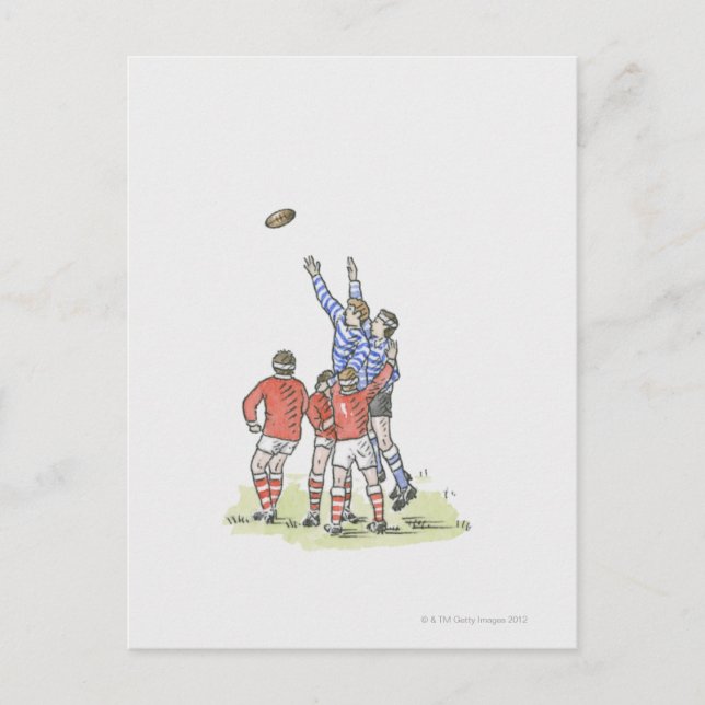 Postal Ilustracion de hombres jugando rugby saltando al a (Anverso)