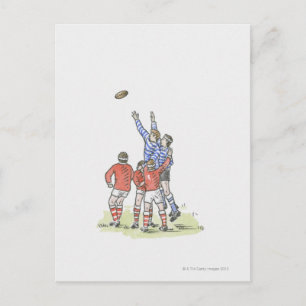 Postal Ilustracion de hombres jugando rugby saltando al a
