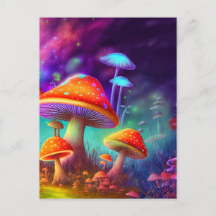 Postal Ilustracion de hongos psicodélicos brillantes
