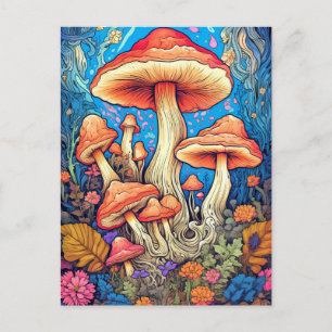 Postal Ilustración de hongos silvestres psicodélicos colo