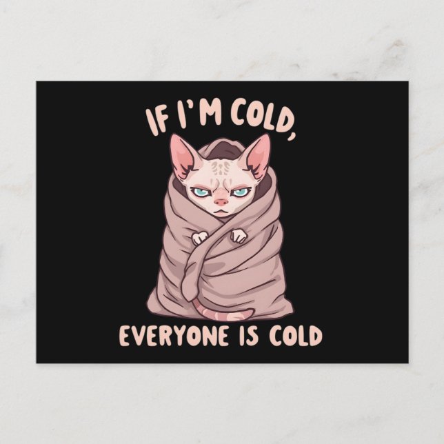 Postal Ilustración de humor frío de gato Sphynx gruñón (Anverso)