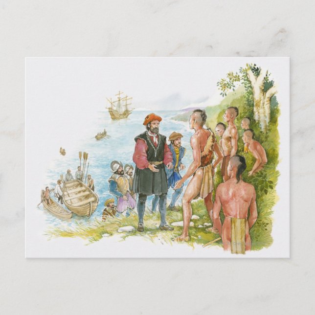 Postal Ilustracion de Jacques Cartier conversando con (Anverso)