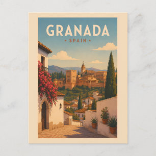 Postal Ilustración de la Alhambra de Granada España Arte 
