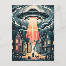 Postal Ilustración de la calle nocturna de abducción OVNI