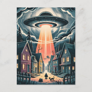 Postal Ilustración de la calle nocturna de abducción OVNI