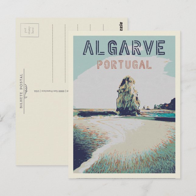Postal Ilustracion de la costa acantilado Algarve Portuga (Anverso / Reverso)