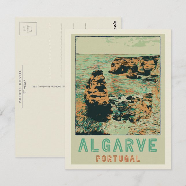 Postal Ilustracion de la costa acantilado Algarve Portuga (Anverso / Reverso)