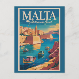 Postal Ilustración de la costa de Malta Arte de viaje vin
