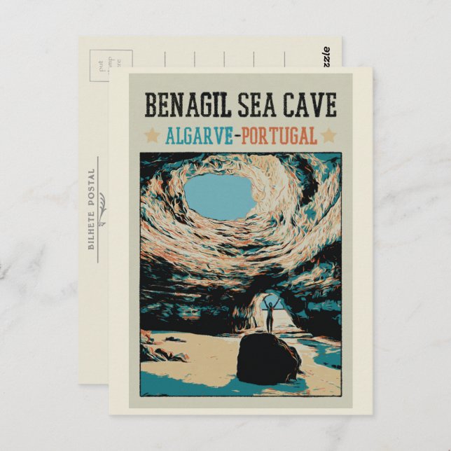 Postal Ilustracion de la cueva de Benagil Algarve Portuga (Anverso / Reverso)