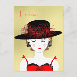 Postal Ilustracion de la dama de moda de Moda roja y negr