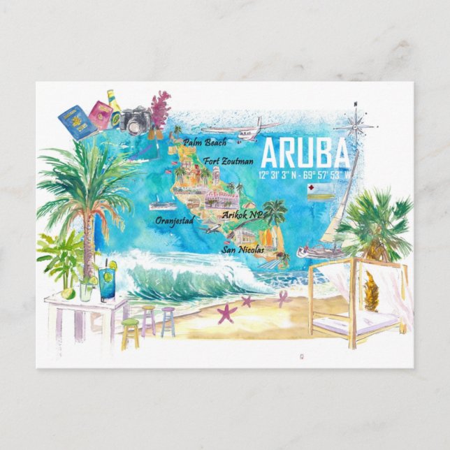 Postal Ilustración de la isla caribeña de las Antillas Ne (Anverso)