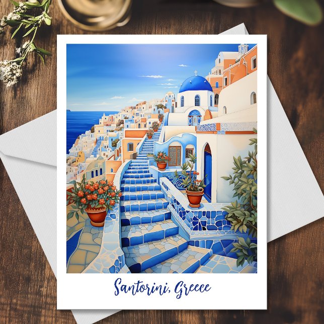 Postal Ilustración de la isla de Santorini | Arte de viaj (Santorini Island Illustration | Travel Art Postcard)