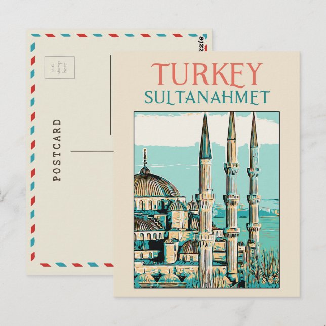 Postal Ilustracion de la Mezquita Azul Istambul (Anverso / Reverso)