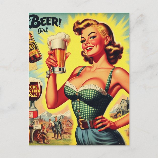 Postal Ilustracion de la Mujer de Cerveza Vintage (Anverso)